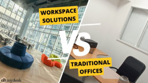 A comparison image highlighting “Workspace Solutions” versus “Traditional Offices,” illustrating the differences between modern flexible workspaces and conventional office environments in Dubai.